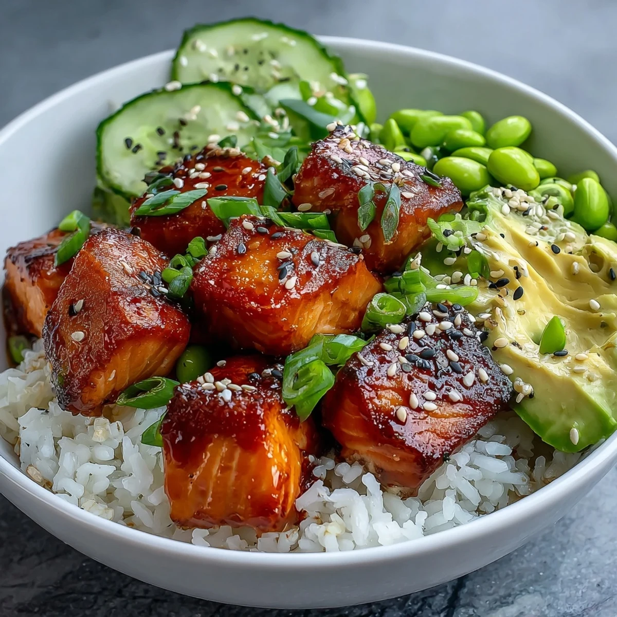 Vibrant Salmon Rice Bowl with tender salmon cubes, crisp veggies, creamy avocado, and a drizzle of spicy sriracha mayo.  