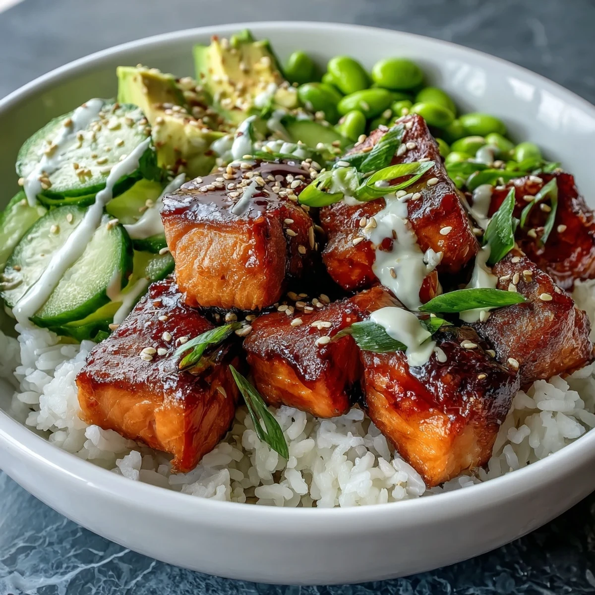 Hearty Salmon Rice Bowl featuring marinated salmon, fluffy jasmine rice, and fresh toppings with a drizzle of sriracha mayo.