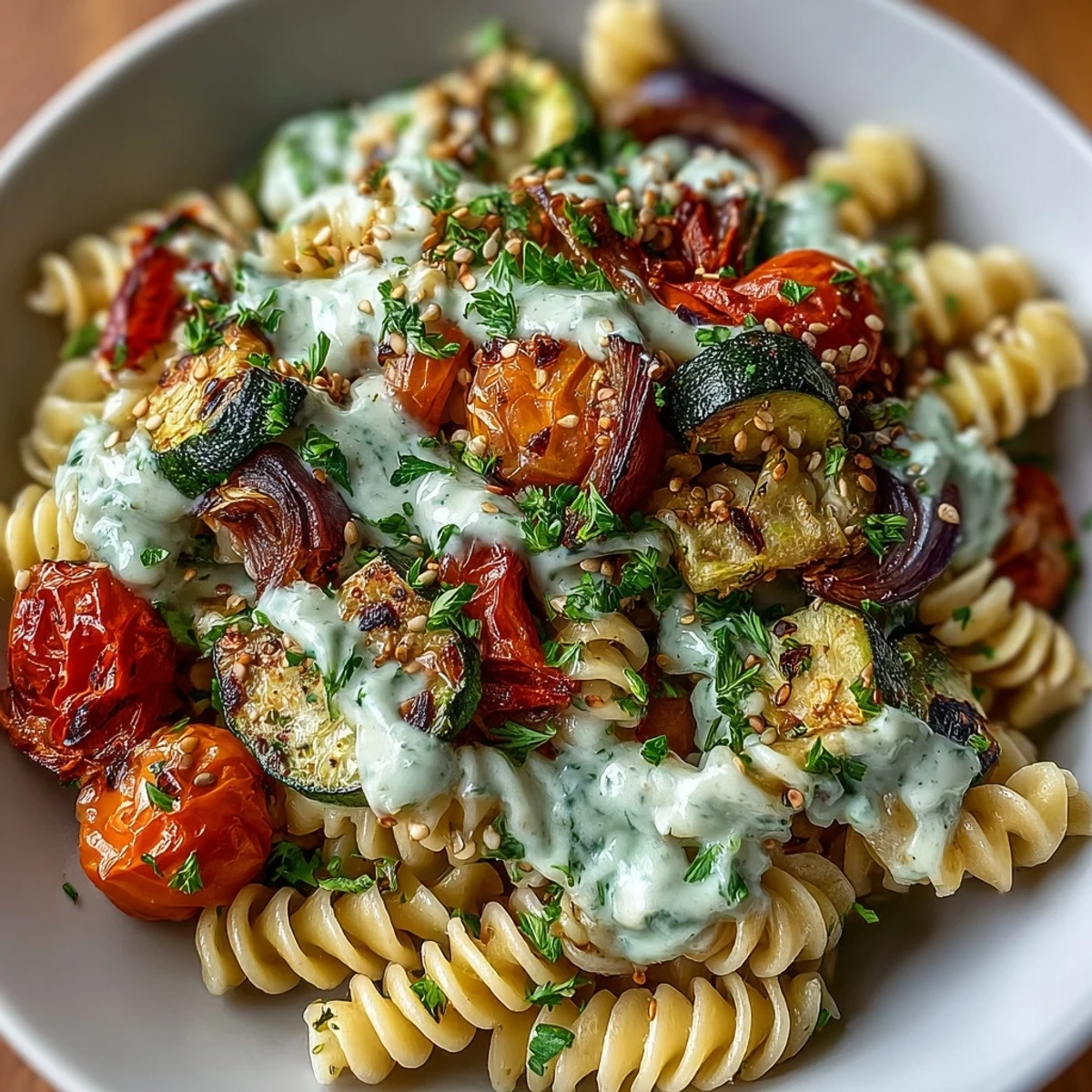 Close-up of a vibrant Chickpea Pasta Bowl with roasted zucchini, red bell peppers, and onions topped with sesame seeds.
