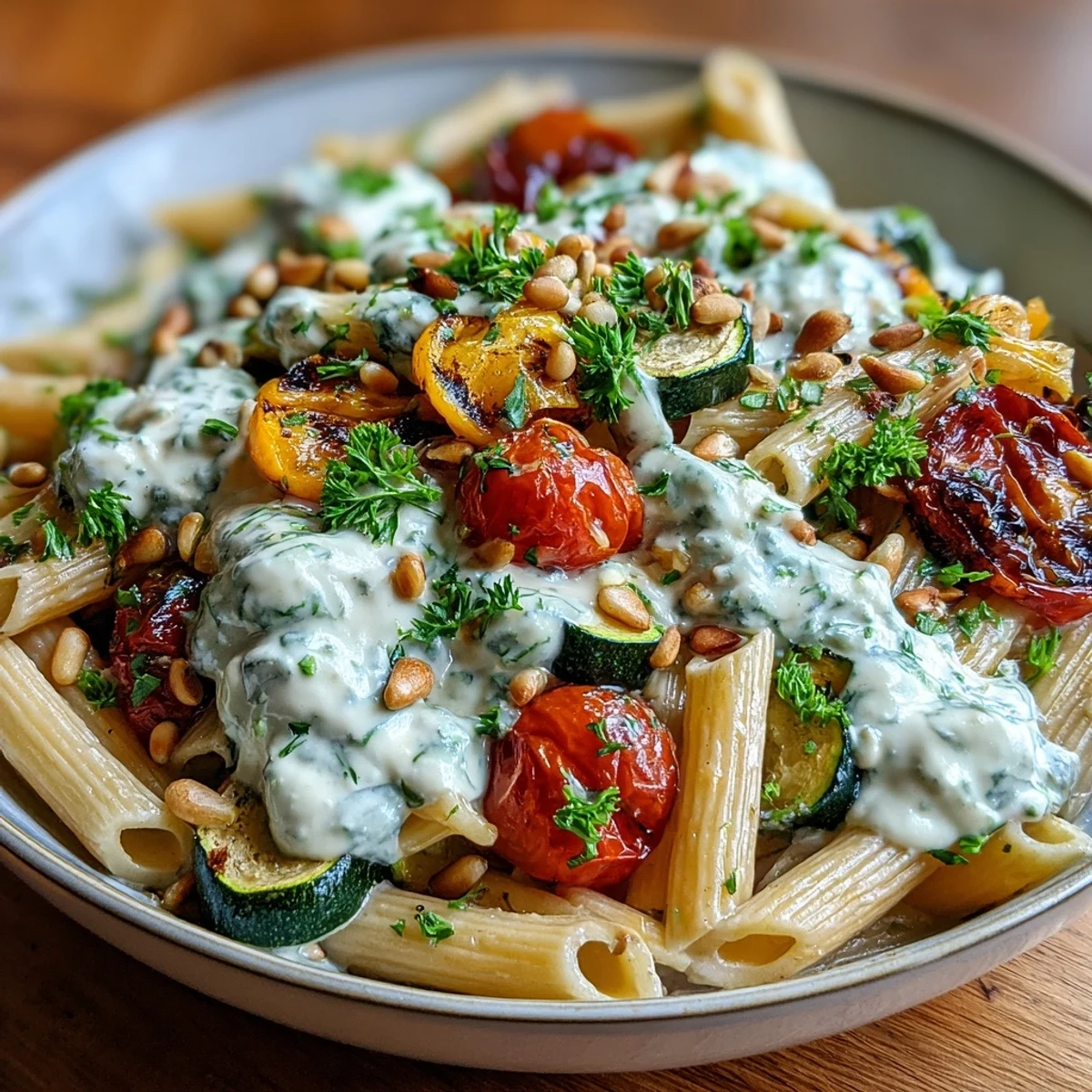 Close-up of a vibrant Whole Wheat Pasta Bowl showcasing roasted zucchini and bell peppers, tossed in creamy sauce.
