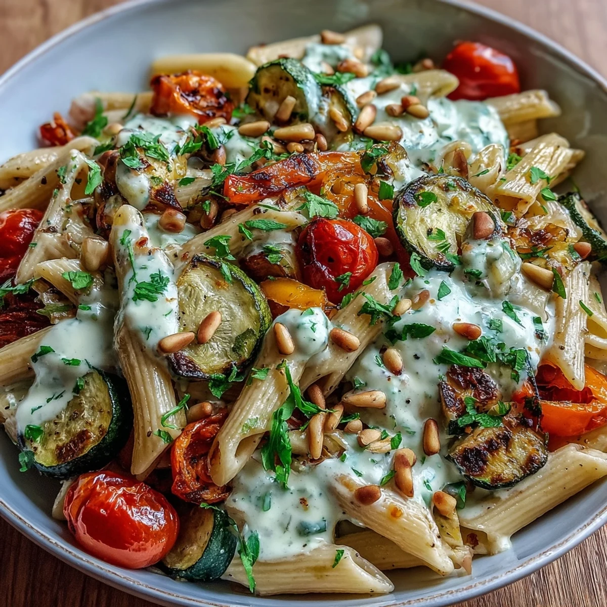 Overhead view of a hearty Whole Wheat Pasta Bowl with roasted cherry tomatoes and Parmesan, ready to serve.