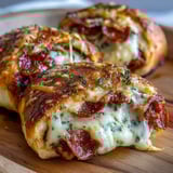 Twisted Irresistible High Protein Pepperoni Pizza Rolls on a wooden board, filled with pepperoni, lean beef, and marinara.