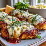 Pesto Chicken Parmesan served over pasta with extra marinara, perfect for an easy weeknight Italian-American dinner.