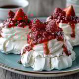 Strawberry pavlova with whipped cream and fresh strawberries, crisp meringue base topped with billowy vanilla cream and juicy red berries.