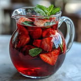 Refreshing iced hibiscus berry tea, piled high with colorful summer fruits.