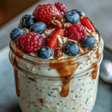 Thick, chilled High Fiber Overnight Oats layered with sweet, fresh berries.