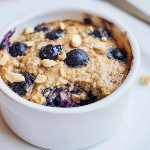 Warm, baked Blueberry Oats topped with plump blueberries; imagine the sweet, comforting breakfast.