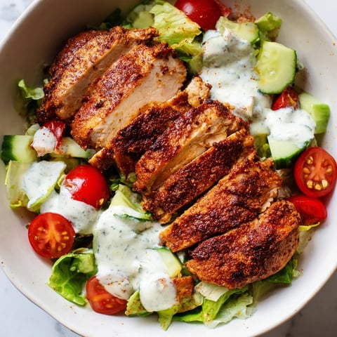 Vibrant Chicken Shawarma Salad Bowl topped with spiced grilled chicken, fresh tomatoes, cucumbers, and a creamy garlic sauce.  