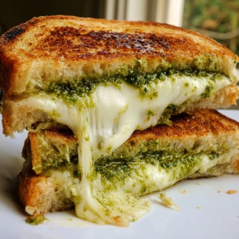 Golden-brown Sourdough Pesto Grilled Cheese slices oozing melted mozzarella and fontina on a rustic plate.