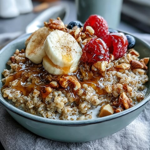 Tender buckwheat groats topped with chopped nuts and fresh fruit, ready to enjoy warm for a wholesome gluten-free breakfast.