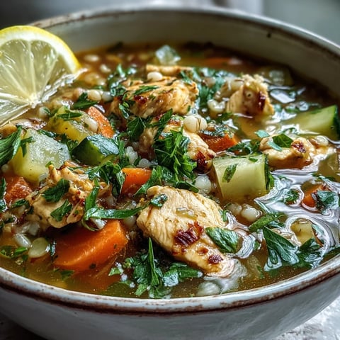 A steaming bowl of Soothing Turmeric Chicken With Pearl Barley garnished with fresh parsley and lemon wedges.