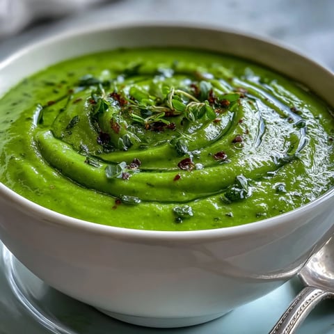Creamy Courgette, Pea and Pesto Soup in a rustic bowl topped with fresh basil.