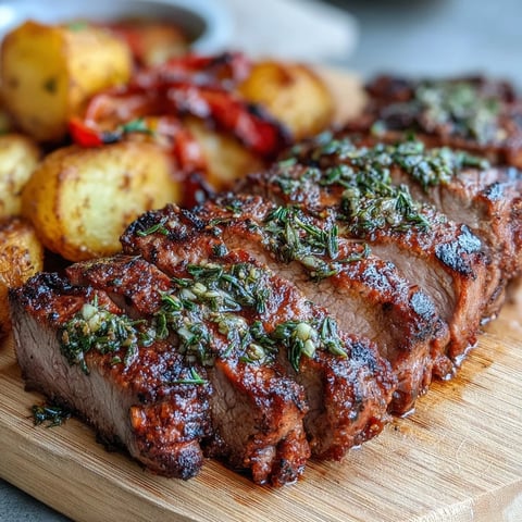 Golden-brown marinated Ibérico pork fillet sits beside crispy roasted potatoes and caramelized red peppers on a rustic plate.