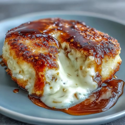 Golden pan-fried Chīzu Imomochi dumplings glisten with a sticky soy-honey glaze, revealing a soft potato exterior and melted cheese pull.