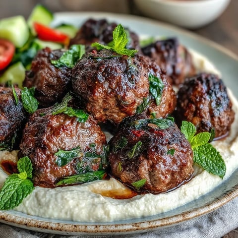 Sizzling Venison Meatballs with Spiced Salad and Hummus on a rustic plate. Garnished with fresh mint and parsley for a flavorful Mediterranean fusion dinner.