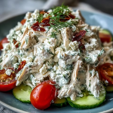 Freshly made Tzatziki Chicken Salad in a white bowl, featuring tender shredded chicken and crisp diced cucumber for a cool, creamy bite.