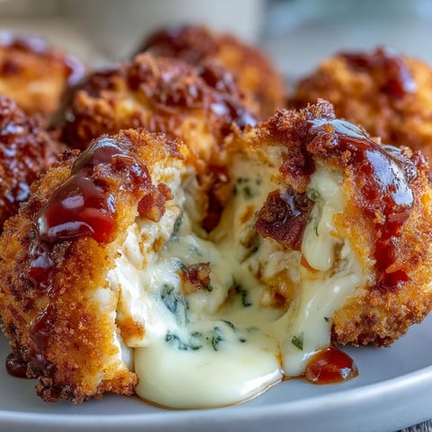 Golden-brown Buffalo Chicken Bacon Mozzarella Bombs sit on a platter, revealing gooey melted cheese and spicy chicken inside.