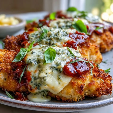 Golden brown breaded chicken breasts topped with melty mozzarella, marinara sauce, and fresh pesto on a rustic plate.