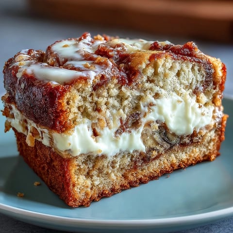 Thick slice of Cream Cheese Cinnamon Swirl Banana Bread showing the gooey cream cheese filling and sweet cinnamon topping on a rustic wooden board.