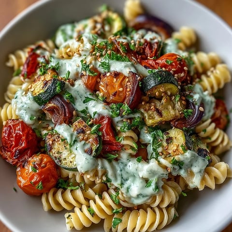 Close-up of a vibrant Chickpea Pasta Bowl with roasted zucchini, red bell peppers, and onions topped with sesame seeds.