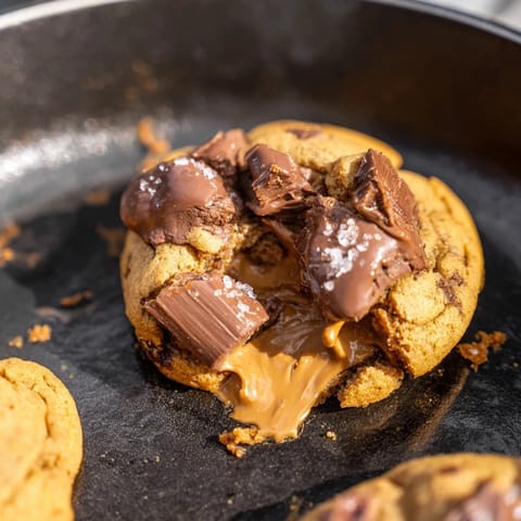 Golden-brown edges of a Warm Chocolate Chunk Skillet Cookie, revealing a soft, chocolatey center.