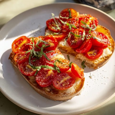 Freshly baked simple homemade tomato and basil flatbread, topped with bright basil and flaky sea salt.