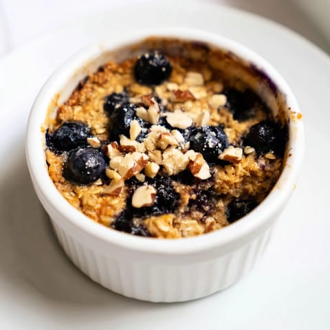 Fluffy and golden Brown Blueberry Baked Oats, offering a cozy morning breakfast experience.
