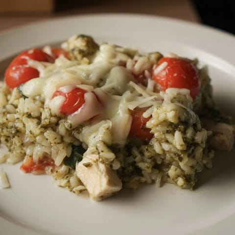 Golden-brown Chicken Pesto Rice Bake with visible cherry tomatoes, fresh basil, and creamy, cheesy goodness.