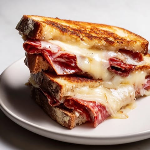Savory and sweet Charcuterie Grilled Cheese, perfectly grilled with layers of meat and cheese.
