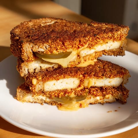 Close-up of a perfectly grilled Spicy Crispy Tofu Grilled Cheese, oozing with vegan cheese.