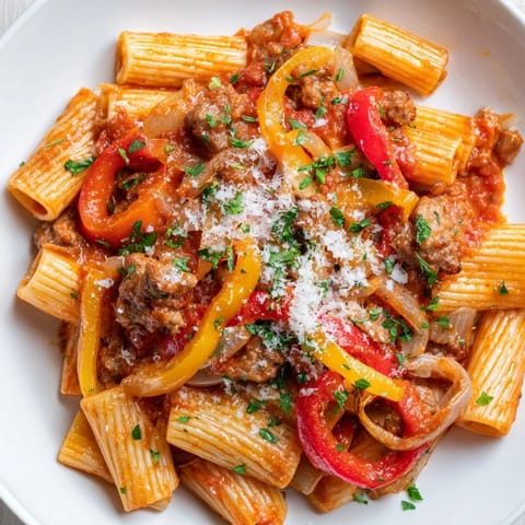 This hearty Sausage and Peppers Pasta shows tender pasta coated in a rich, tomato sauce.