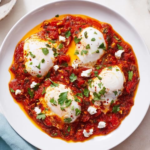 Bright yellow yolks glistening atop the rich tomato sauce of this delicious Israeli Shakshuka dish.