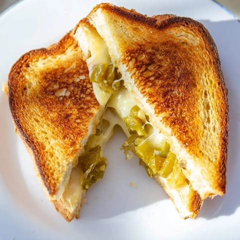 A close-up of Jalapeño Pepper Jack Grilled Cheese bubbling in a skillet, highlighting the spicy, creamy filling next to a bowl of tomato soup.