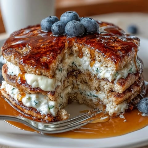 Golden-brown Protein Power Pancakes stacked high on a plate, topped with a pat of butter and fresh berries for a nutritious breakfast.  