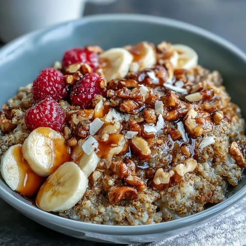 A close-up of a steaming bowl of buckwheat groats breakfast, drizzled with honey and sprinkled with cinnamon.