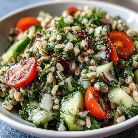 Pearly barley and fresh herbs in a vibrant salad, dressed in a zesty lemon vinaigrette and topped with diced cucumber and cherry tomatoes.