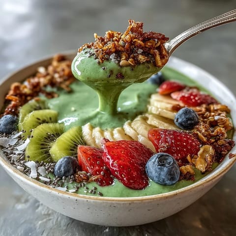 Green Smoothie Bowl topped with crunchy granola, sliced strawberries, and banana on a textured ceramic bowl for a refreshing, vibrant breakfast.