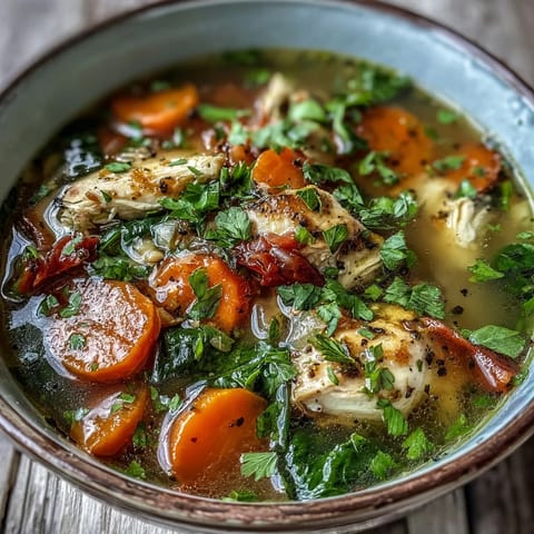 Vibrant Turmeric Chicken Soup simmering with carrots, celery, and zucchini, garnished with fresh cilantro for a nourishing bowl.