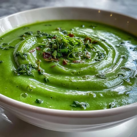 A bowl of Courgette, Pea and Pesto Soup garnished with pesto swirls and served with crusty bread.