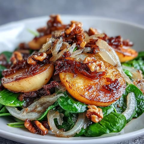 Warm Apple and Sauerkraut Skillet Salad topped with toasted pecans and parsley, served in a rustic pan for a cozy side dish.