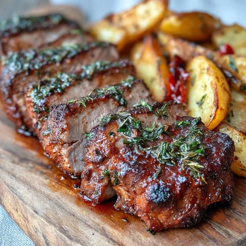 Sliced marinated Ibérico pork fillet, juicy and pink, is served with roasted potatoes and sweet peppers on a wooden board.