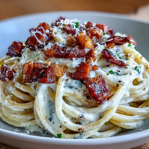 Celeriac Carbonara served hot with an extra sprinkle of Parmesan and cracked black pepper.