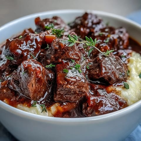 Tender venison in a glossy, wine-dark sauce over creamy polenta.