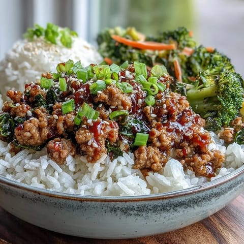Heaping spoonful of Korean-Style Ground Turkey served over fluffy white rice with steamed broccoli florets.