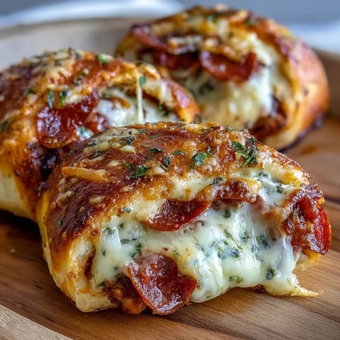 Twisted Irresistible High Protein Pepperoni Pizza Rolls on a wooden board, filled with pepperoni, lean beef, and marinara.
