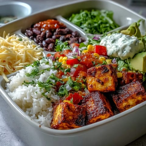 Bright red bell peppers and juicy tomatoes top a homemade burrito bowl base with black beans, corn, and fluffy rice.