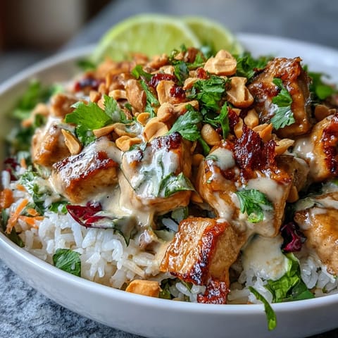 A vibrant Peanut Chicken Protein Bowl with sautéed chicken over fluffy coconut rice, topped with crisp red cabbage, carrots, and fresh cilantro drizzled with creamy Thai-inspired peanut sauce.
