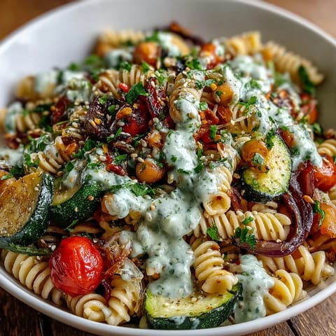 A finished Chickpea Pasta Bowl garnished with fresh parsley and drizzled with creamy tahini sauce for a vegan meal.