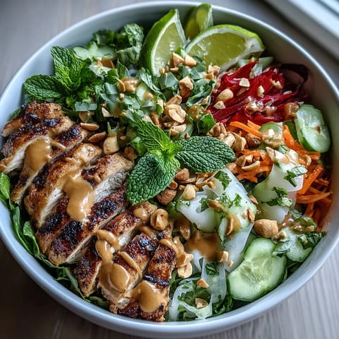 A close-up of a vibrant Rice Paper Roll Bowl featuring silky rice paper shards, crisp cucumber ribbons, and fresh herbs drizzled with creamy peanut sauce.