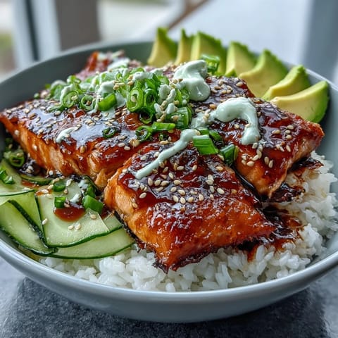 A vibrant honey sriracha salmon bowl topped with creamy avocado slices and a drizzle of spicy mayo.